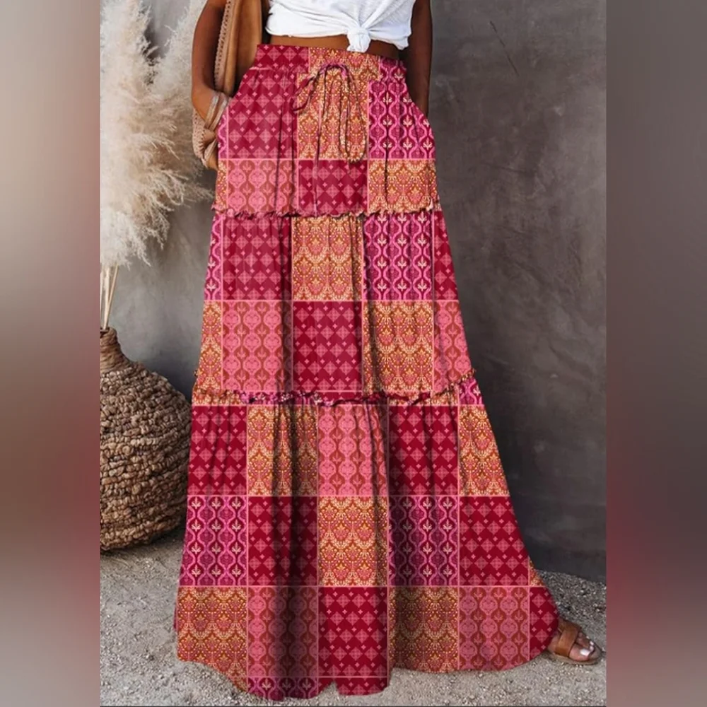 Maxi Skirt 70s Style Long Pocket Skirts - Long Floral Boho Patchwork Print Skirt - Picture 6 of 9